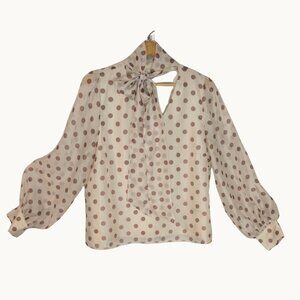 Polka Dot Sheer Bow Tie Blouse Melloday Bishop Sleeve XL